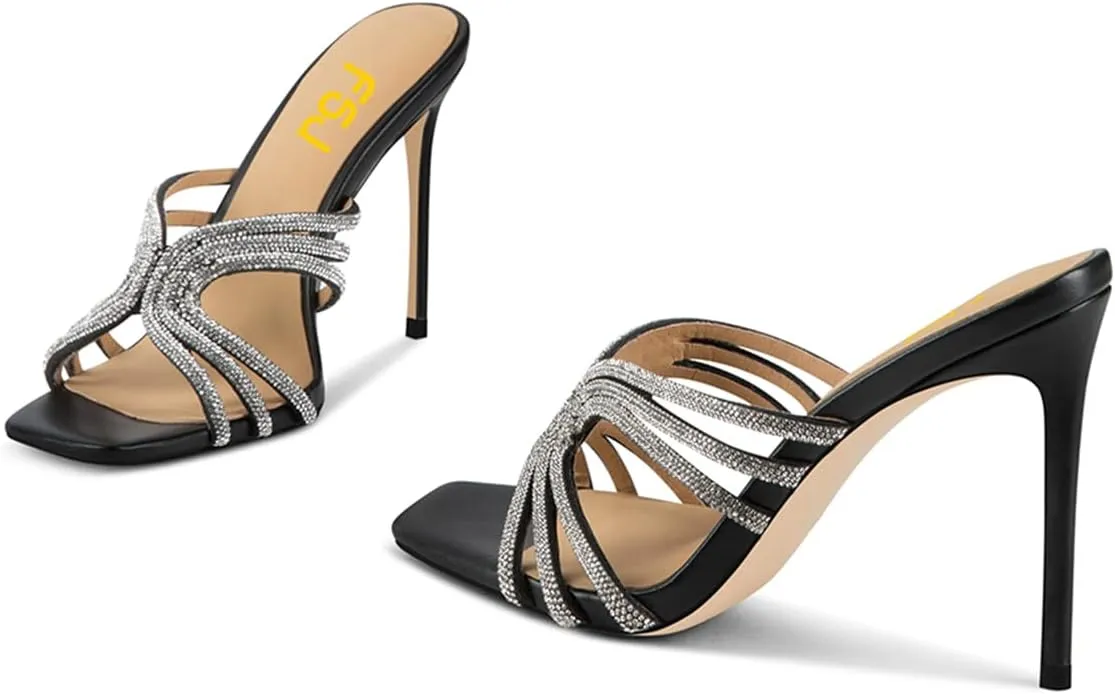 FSJ Women Sexy Shiny Strap Open Toe Stiletto High Heel Mules Fashion Slip On Summer Causal Sandal Slide Shoes Size 4-15 US