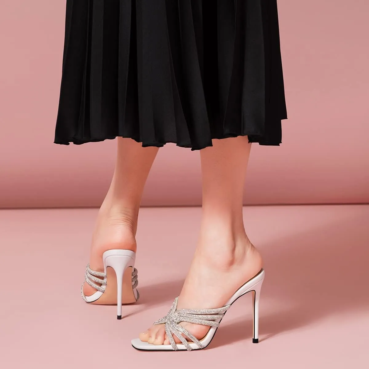 FSJ Women Sexy Shiny Strap Open Toe Stiletto High Heel Mules Fashion Slip On Summer Causal Sandal Slide Shoes Size 4-15 US