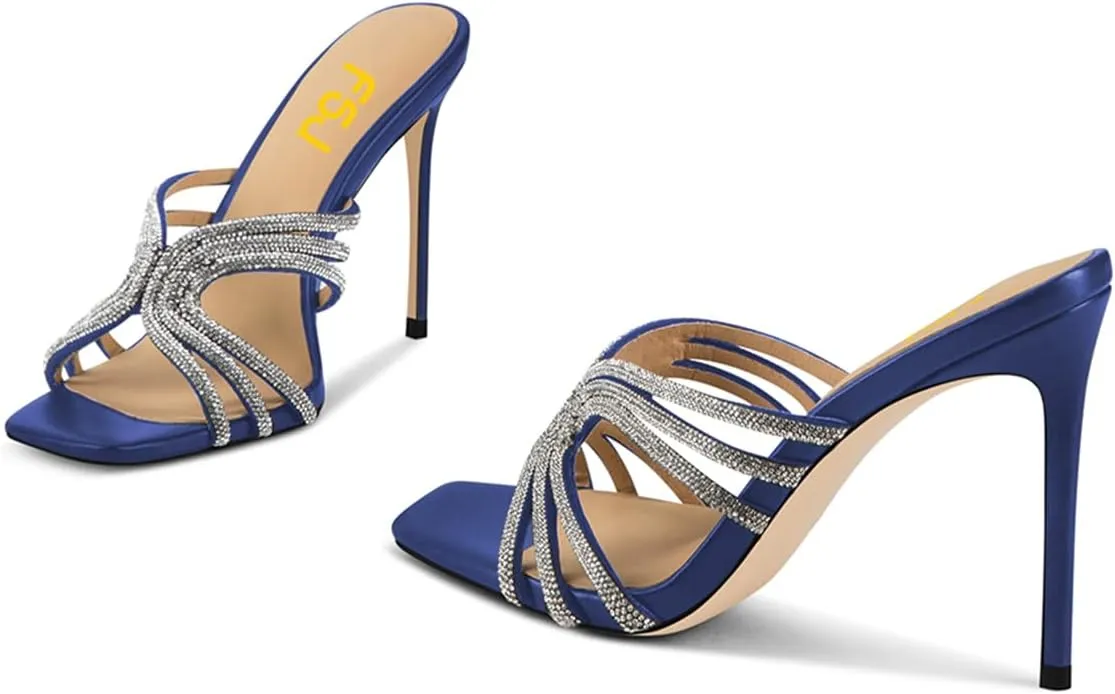 FSJ Women Sexy Shiny Strap Open Toe Stiletto High Heel Mules Fashion Slip On Summer Causal Sandal Slide Shoes Size 4-15 US
