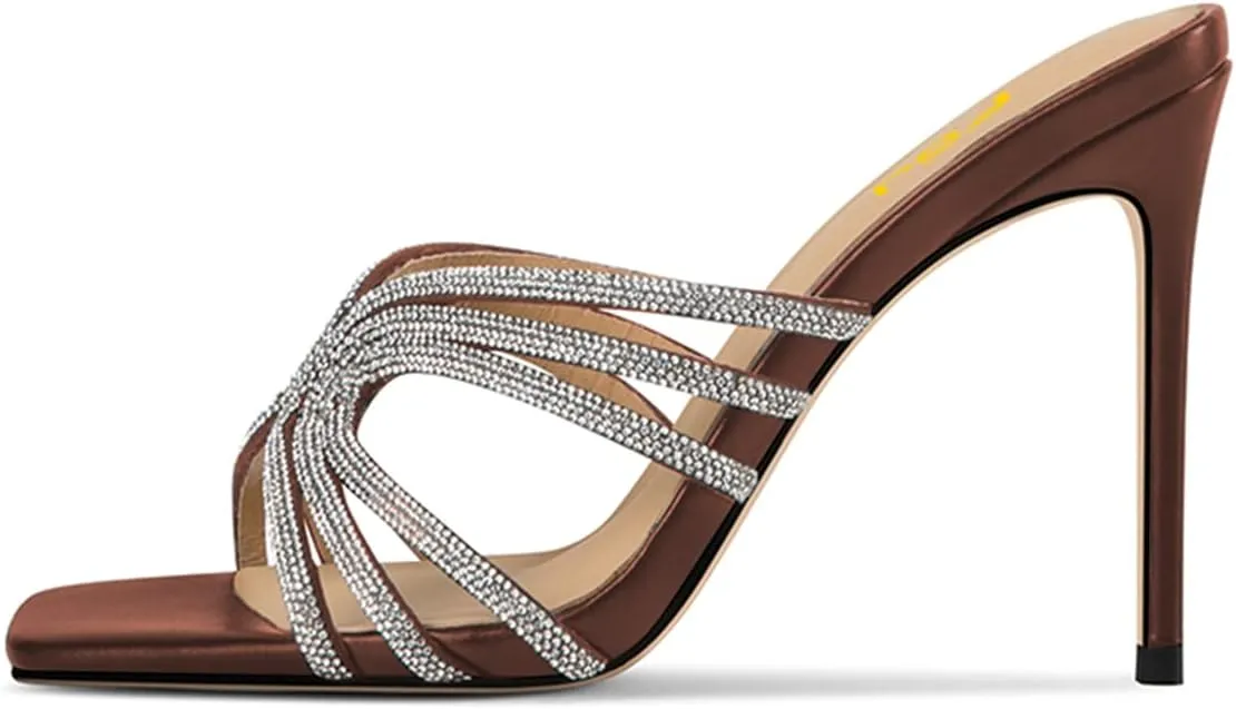 FSJ Women Sexy Shiny Strap Open Toe Stiletto High Heel Mules Fashion Slip On Summer Causal Sandal Slide Shoes Size 4-15 US
