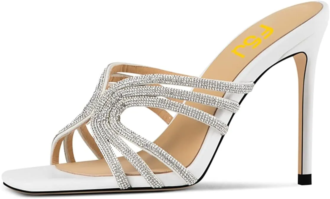 FSJ Women Sexy Shiny Strap Open Toe Stiletto High Heel Mules Fashion Slip On Summer Causal Sandal Slide Shoes Size 4-15 US