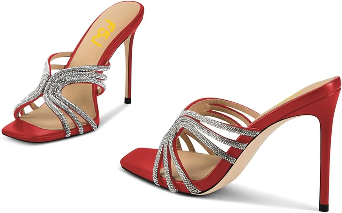 FSJ Women Sexy Shiny Strap Open Toe Stiletto High Heel Mules Fashion Slip On Summer Causal Sandal Slide Shoes Size 4-15 US