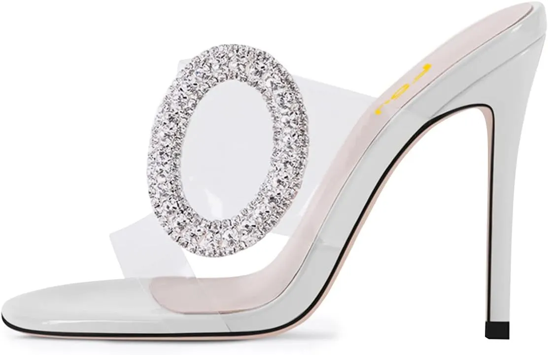 FSJ Women Shiny Circular Ring Decoration Clear Two Straps Open Toe Stiletto High Heel Mules Slip On Summer Party Dress Shoes Size 4-15 US