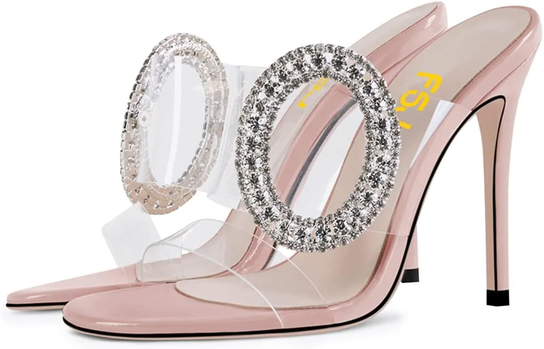 FSJ Women Shiny Circular Ring Decoration Clear Two Straps Open Toe Stiletto High Heel Mules Slip On Summer Party Dress Shoes Size 4-15 US