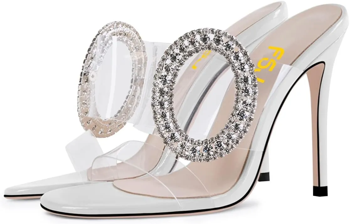 FSJ Women Shiny Circular Ring Decoration Clear Two Straps Open Toe Stiletto High Heel Mules Slip On Summer Party Dress Shoes Size 4-15 US