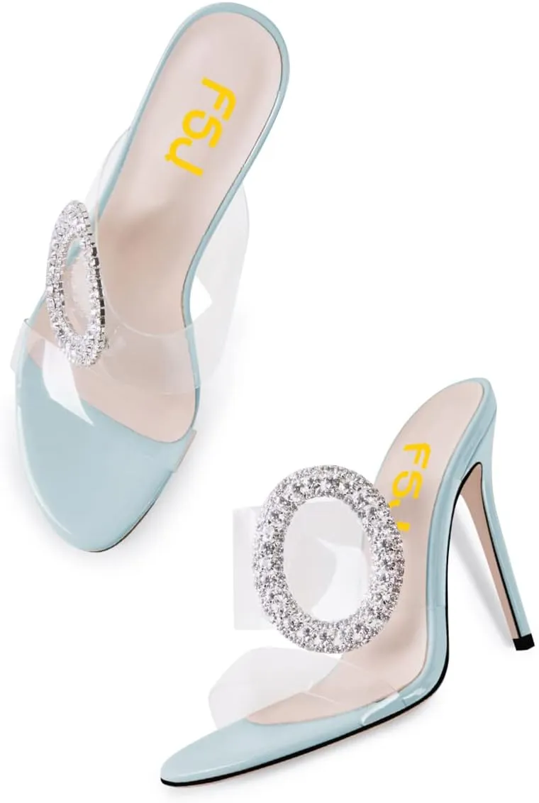 FSJ Women Shiny Circular Ring Decoration Clear Two Straps Open Toe Stiletto High Heel Mules Slip On Summer Party Dress Shoes Size 4-15 US