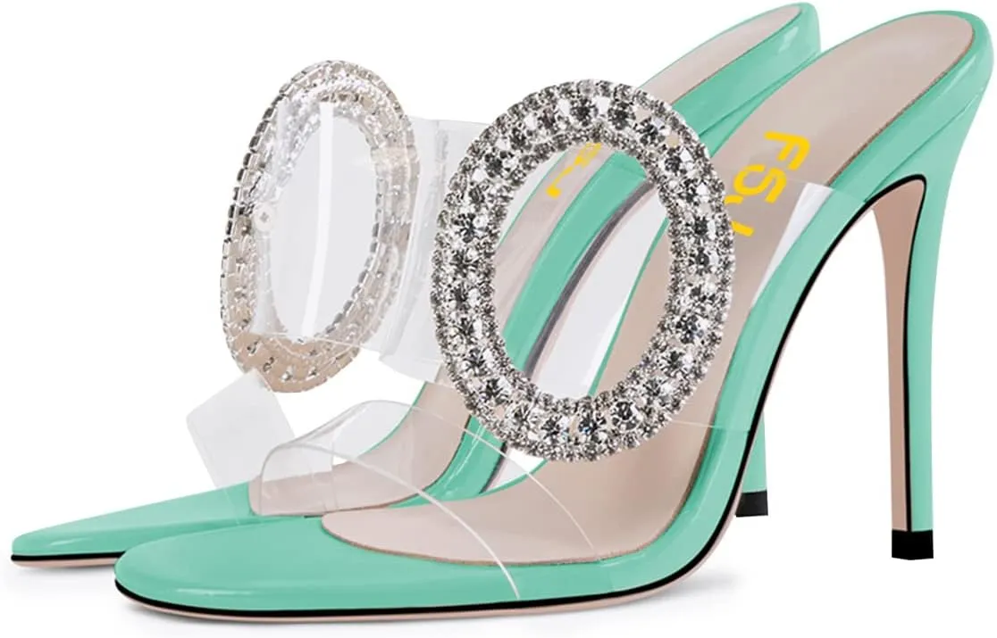 FSJ Women Shiny Circular Ring Decoration Clear Two Straps Open Toe Stiletto High Heel Mules Slip On Summer Party Dress Shoes Size 4-15 US