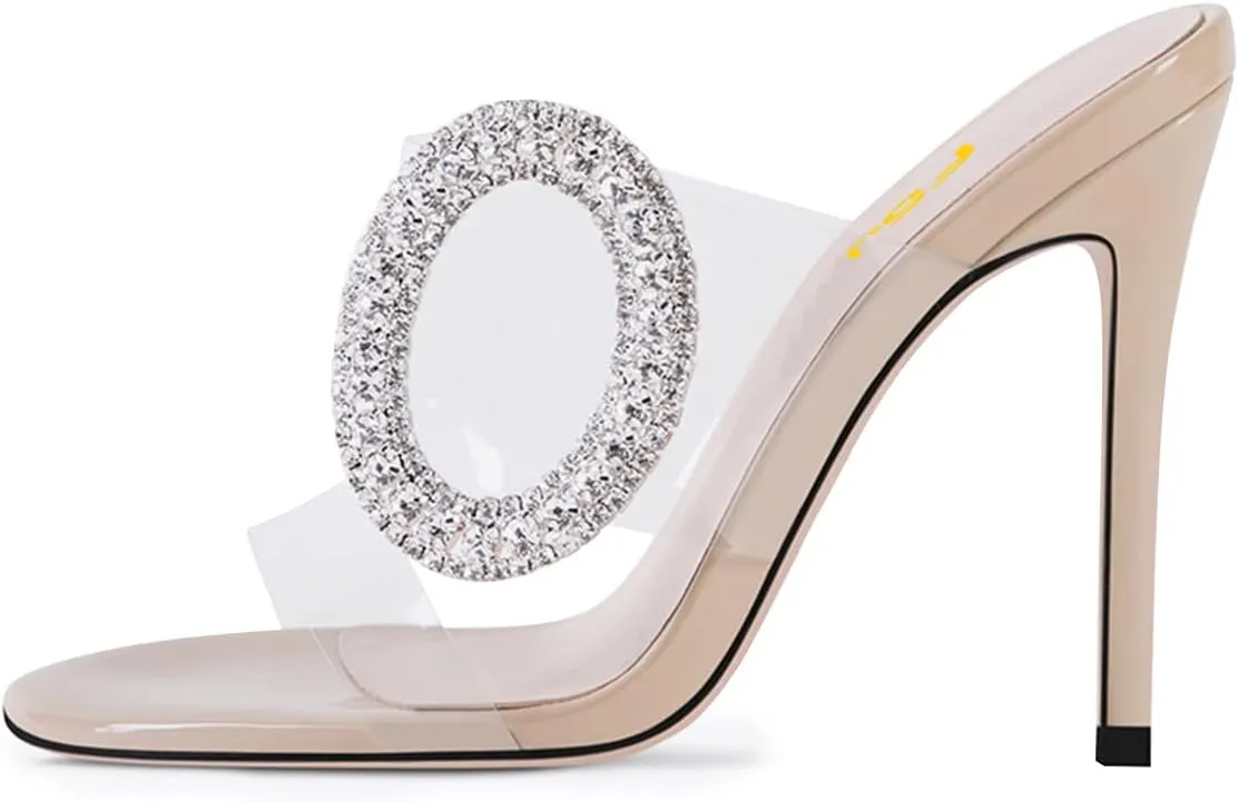 FSJ Women Shiny Circular Ring Decoration Clear Two Straps Open Toe Stiletto High Heel Mules Slip On Summer Party Dress Shoes Size 4-15 US