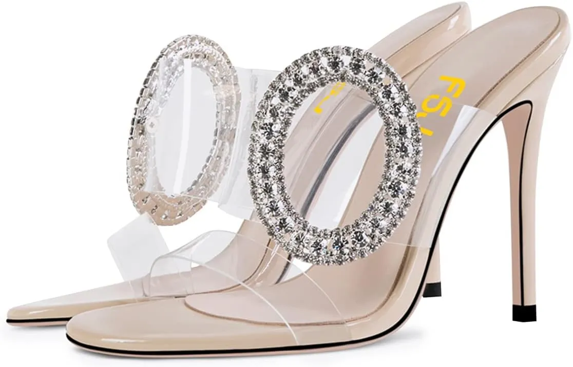FSJ Women Shiny Circular Ring Decoration Clear Two Straps Open Toe Stiletto High Heel Mules Slip On Summer Party Dress Shoes Size 4-15 US