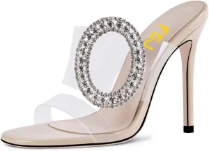 FSJ Women Shiny Circular Ring Decoration Clear Two Straps Open Toe Stiletto High Heel Mules Slip On Summer Party Dress Shoes Size 4-15 US