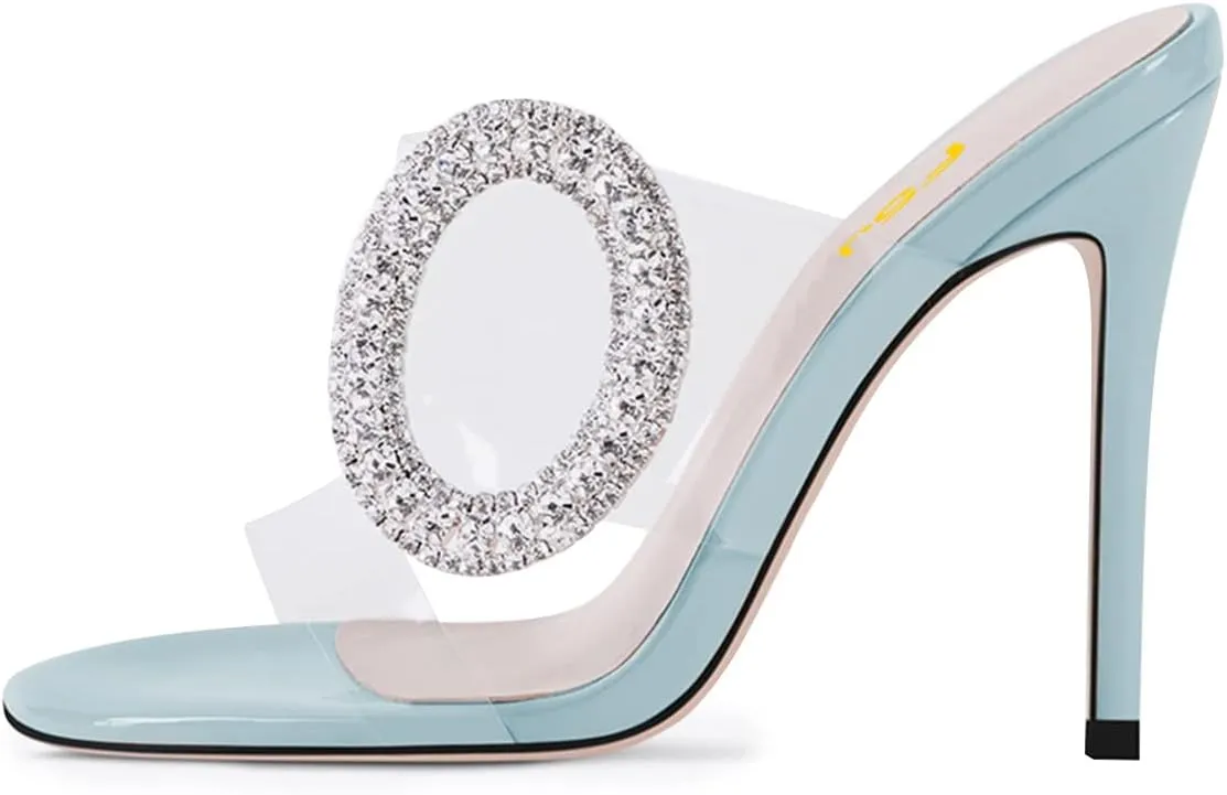 FSJ Women Shiny Circular Ring Decoration Clear Two Straps Open Toe Stiletto High Heel Mules Slip On Summer Party Dress Shoes Size 4-15 US