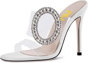 FSJ Women Shiny Circular Ring Decoration Clear Two Straps Open Toe Stiletto High Heel Mules Slip On Summer Party Dress Shoes Size 4-15 US