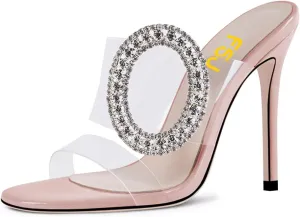 FSJ Women Shiny Circular Ring Decoration Clear Two Straps Open Toe Stiletto High Heel Mules Slip On Summer Party Dress Shoes Size 4-15 US