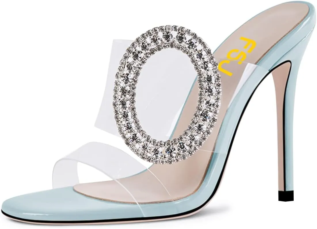 FSJ Women Shiny Circular Ring Decoration Clear Two Straps Open Toe Stiletto High Heel Mules Slip On Summer Party Dress Shoes Size 4-15 US