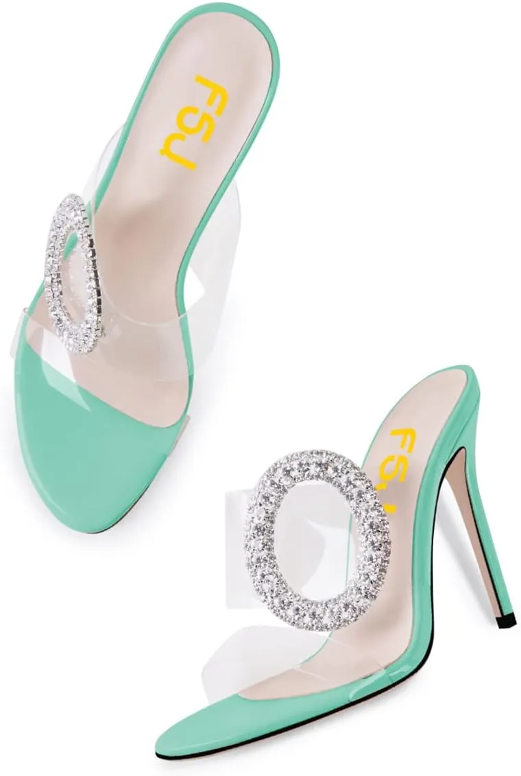 FSJ Women Shiny Circular Ring Decoration Clear Two Straps Open Toe Stiletto High Heel Mules Slip On Summer Party Dress Shoes Size 4-15 US