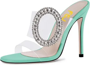 FSJ Women Shiny Circular Ring Decoration Clear Two Straps Open Toe Stiletto High Heel Mules Slip On Summer Party Dress Shoes Size 4-15 US