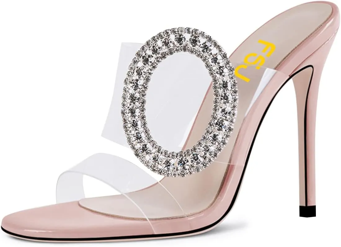 FSJ Women Shiny Circular Ring Decoration Clear Two Straps Open Toe Stiletto High Heel Mules Slip On Summer Party Dress Shoes Size 4-15 US