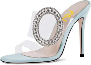 FSJ Women Shiny Circular Ring Decoration Clear Two Straps Open Toe Stiletto High Heel Mules Slip On Summer Party Dress Shoes Size 4-15 US
