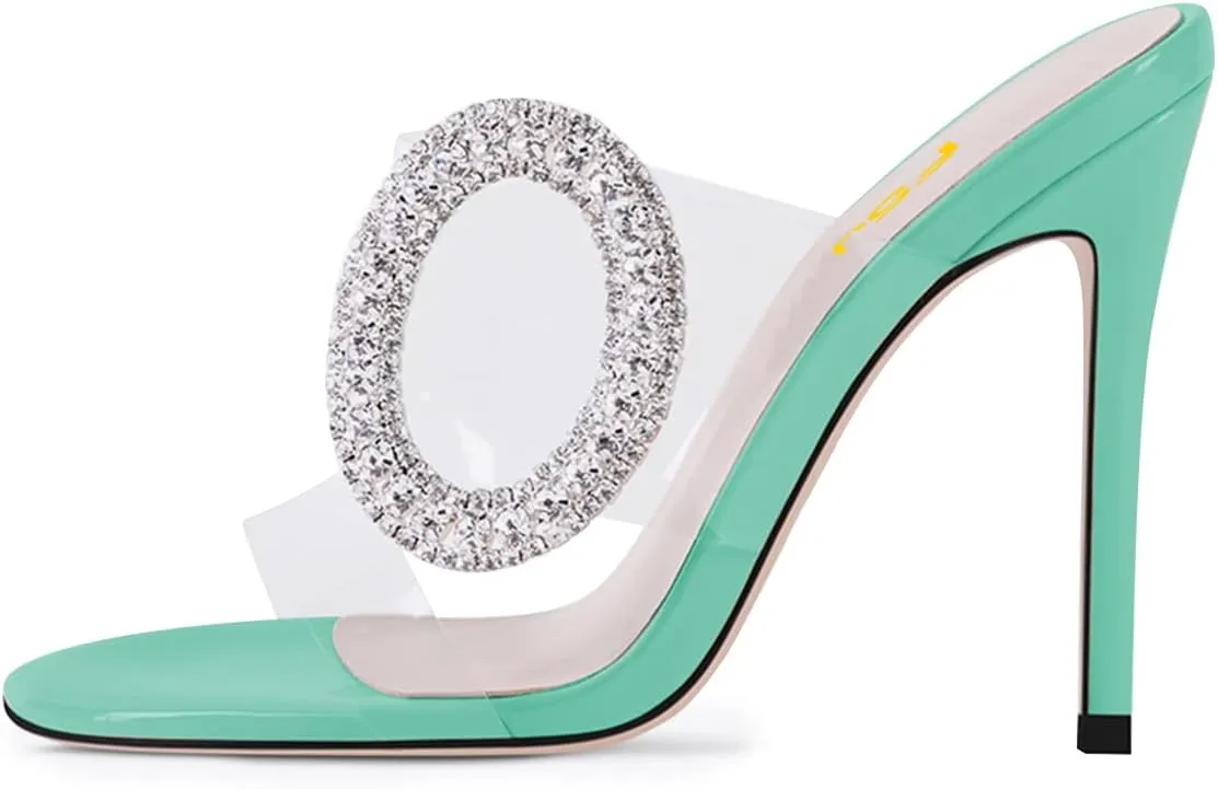 FSJ Women Shiny Circular Ring Decoration Clear Two Straps Open Toe Stiletto High Heel Mules Slip On Summer Party Dress Shoes Size 4-15 US