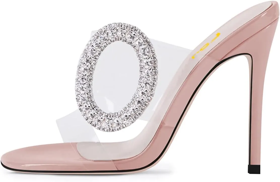 FSJ Women Shiny Circular Ring Decoration Clear Two Straps Open Toe Stiletto High Heel Mules Slip On Summer Party Dress Shoes Size 4-15 US