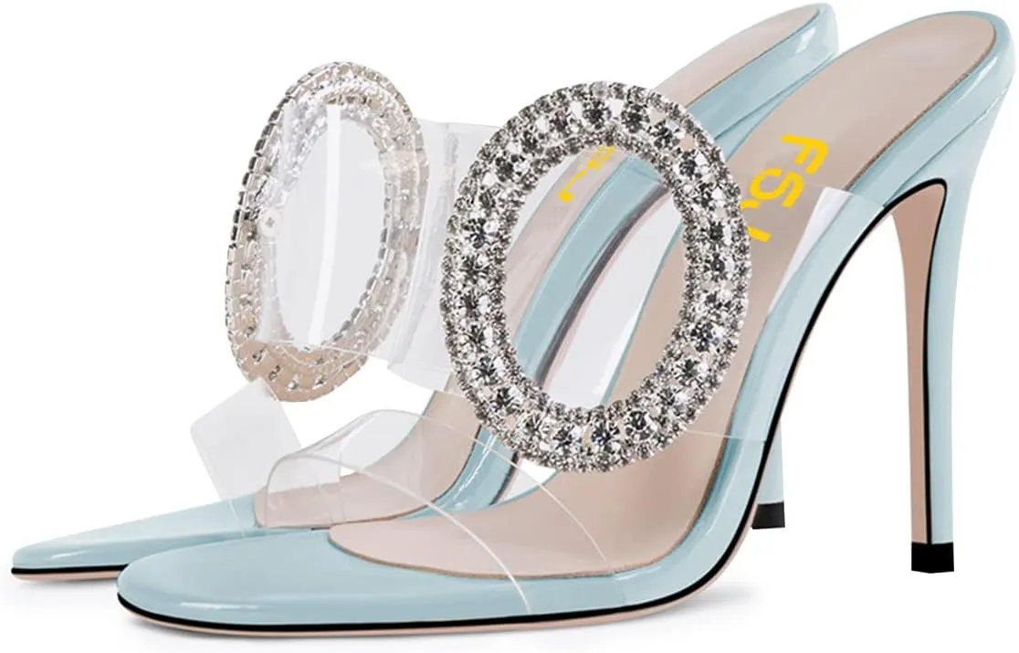 FSJ Women Shiny Circular Ring Decoration Clear Two Straps Open Toe Stiletto High Heel Mules Slip On Summer Party Dress Shoes Size 4-15 US