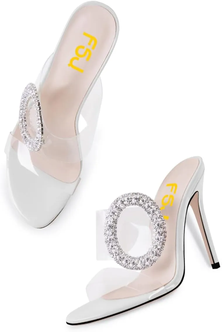 FSJ Women Shiny Circular Ring Decoration Clear Two Straps Open Toe Stiletto High Heel Mules Slip On Summer Party Dress Shoes Size 4-15 US