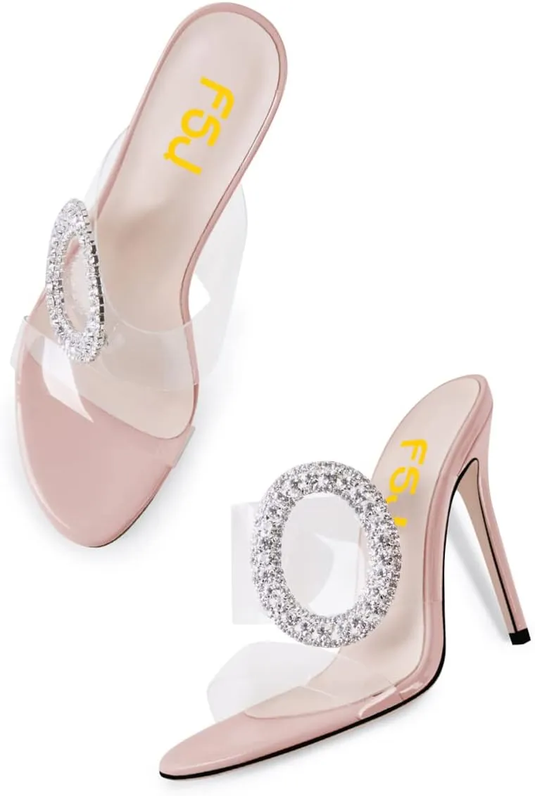 FSJ Women Shiny Circular Ring Decoration Clear Two Straps Open Toe Stiletto High Heel Mules Slip On Summer Party Dress Shoes Size 4-15 US
