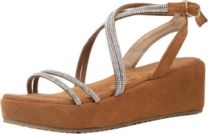 getmorebeauty Women's Rhinestone Cross Strappy Wedge Sandals Open Toe Platform Low Heel Dress Shoes
