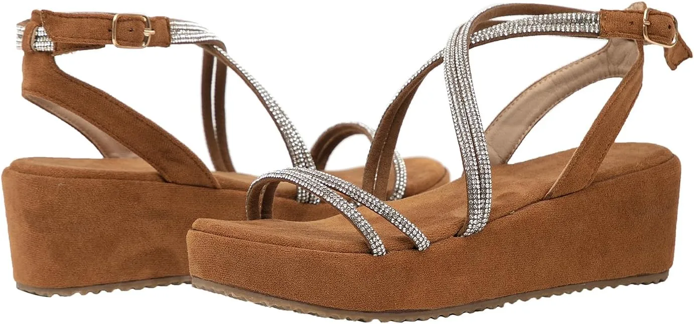 getmorebeauty Women's Rhinestone Cross Strappy Wedge Sandals Open Toe Platform Low Heel Dress Shoes