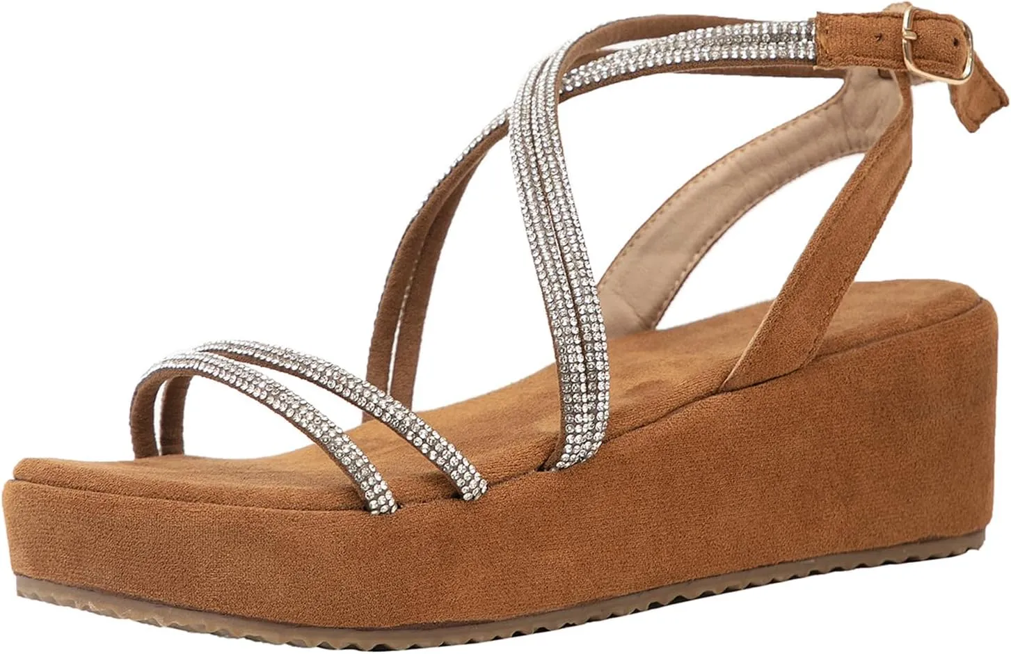 getmorebeauty Women's Rhinestone Cross Strappy Wedge Sandals Open Toe Platform Low Heel Dress Shoes