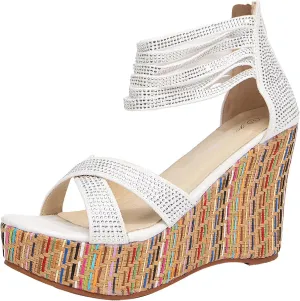 getmorebeauty Women's Wedge Sandals With Pearls Across The Top Platform Sandals High Heels