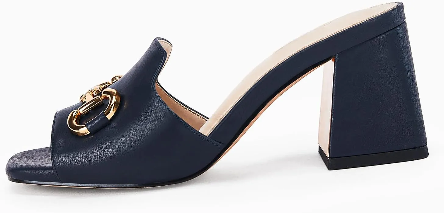gihubafuil Women's Sandals Peep Toe Slides Chunky Heel Mules Single Band Comfort Slip-on Shoes with Metal Chain for Spring Summer