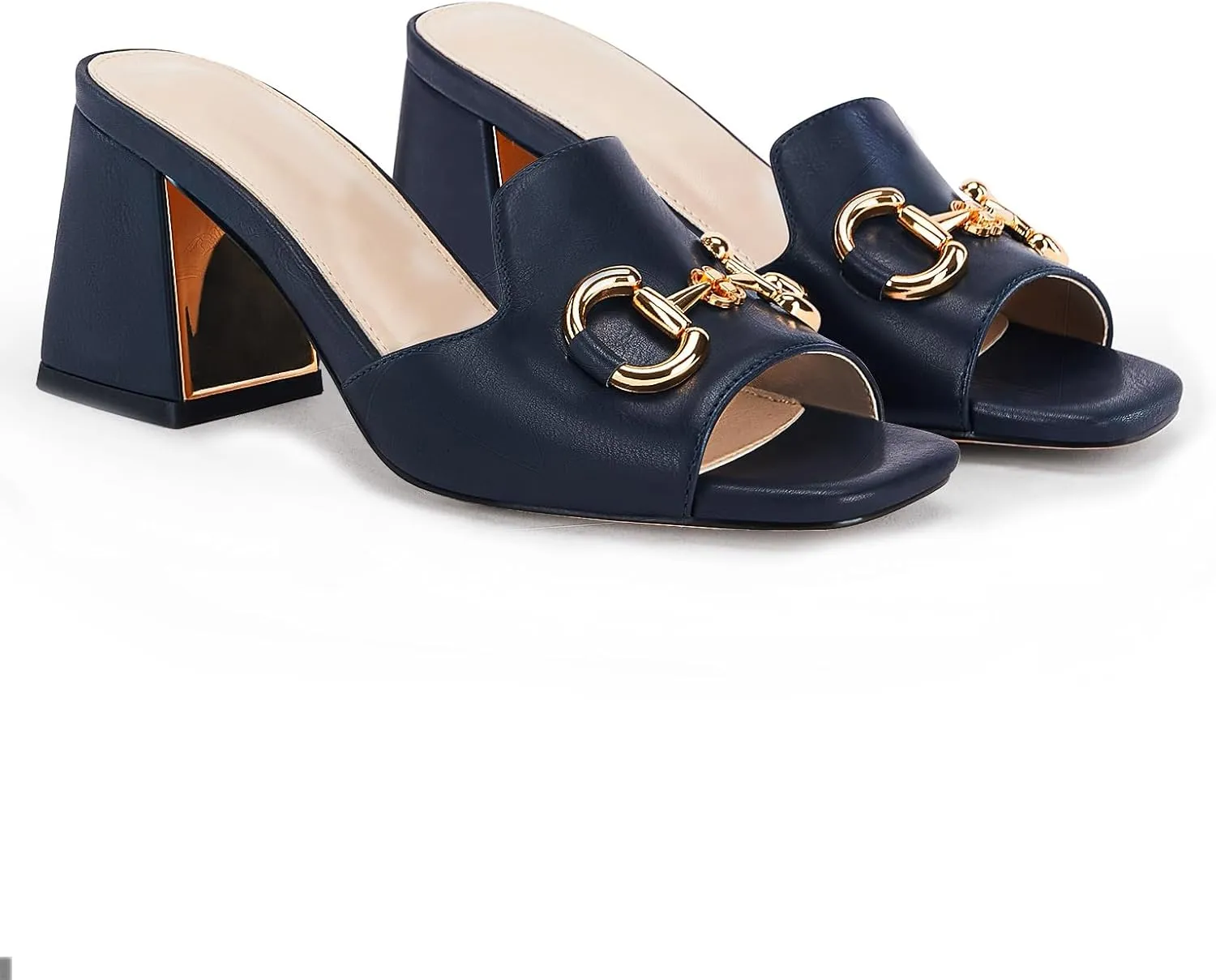 gihubafuil Women's Sandals Peep Toe Slides Chunky Heel Mules Single Band Comfort Slip-on Shoes with Metal Chain for Spring Summer