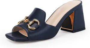 gihubafuil Women's Sandals Peep Toe Slides Chunky Heel Mules Single Band Comfort Slip-on Shoes with Metal Chain for Spring Summer
