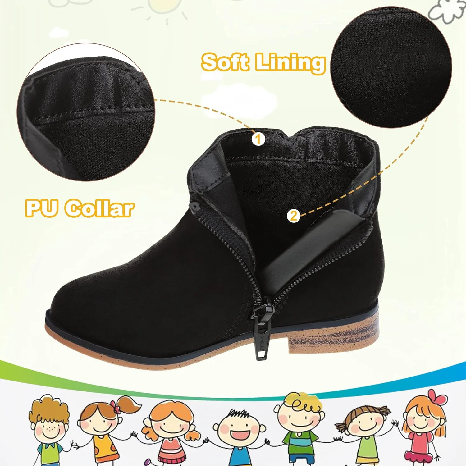 Girls Ankle Boots for Kids - Side Zipper Booties, Fashion Short Suede Low Heels