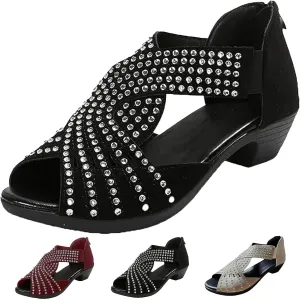 Glow Step Orthopedic Sandals, Glow Step Orthopedic Low Heel Cut-Out Sandals, Sparkly Rhinestone Low Wedge Heel Shoes