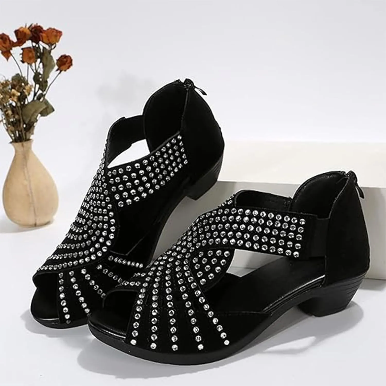 Glow Step Orthopedic Sandals, Glow Step Orthopedic Low Heel Cut-Out Sandals, Sparkly Rhinestone Low Wedge Heel Shoes