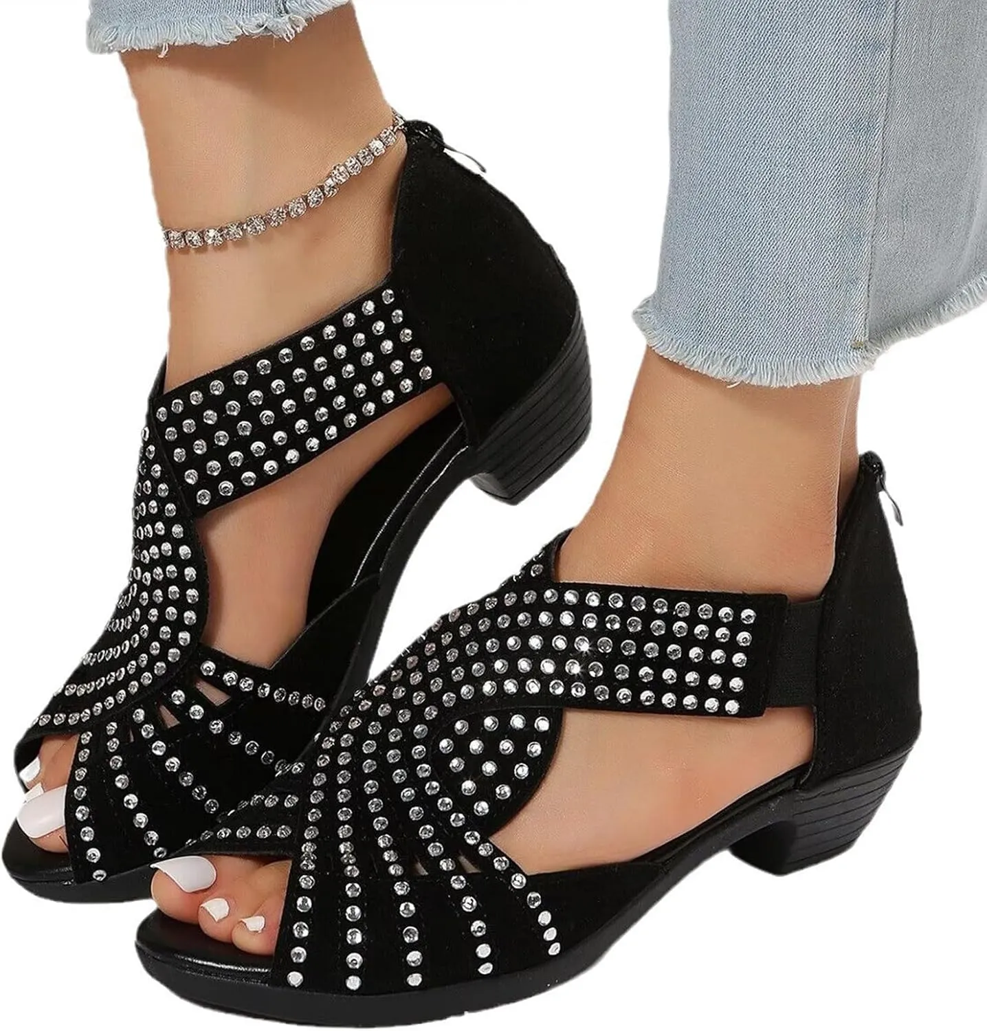 Glow Step Orthopedic Sandals, Glow Step Orthopedic Low Heel Cut-Out Sandals, Sparkly Rhinestone Low Wedge Heel Shoes