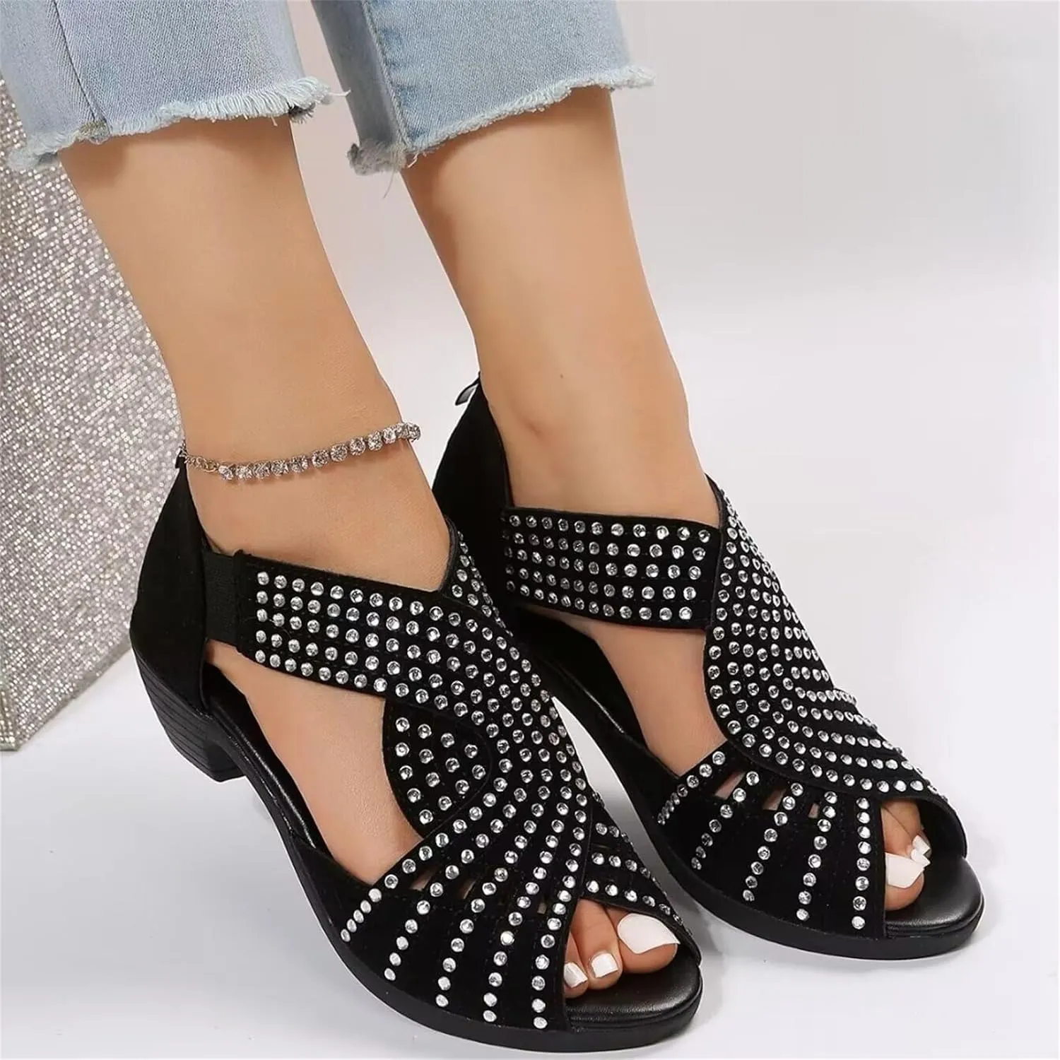 Glow Step Orthopedic Sandals, Glow Step Orthopedic Low Heel Cut-Out Sandals, Sparkly Rhinestone Low Wedge Heel Shoes