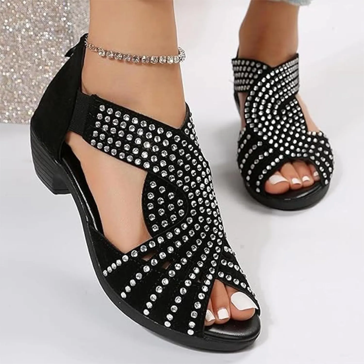 Glow Step Orthopedic Sandals, Glow Step Orthopedic Low Heel Cut-Out Sandals, Sparkly Rhinestone Low Wedge Heel Shoes