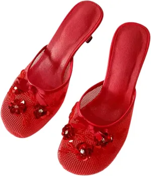 Goolita Summer Flower Beaded Mesh Mule Heels For Women, Closed Round Toe Slingback Kitten Heels Backless Slip On Party Evening Shoes