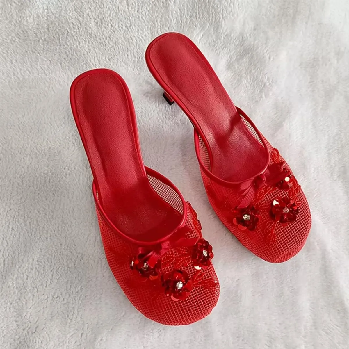 Goolita Summer Flower Beaded Mesh Mule Heels For Women, Closed Round Toe Slingback Kitten Heels Backless Slip On Party Evening Shoes