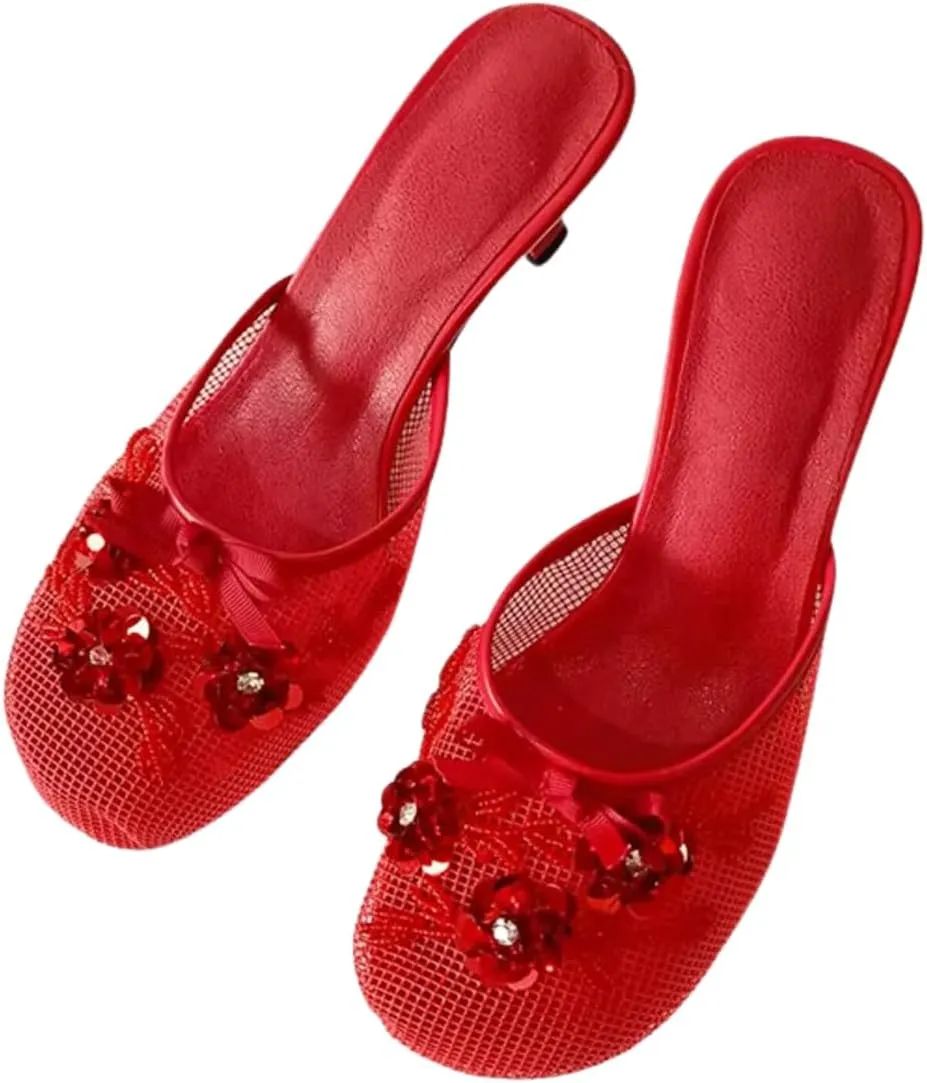 Goolita Summer Flower Beaded Mesh Mule Heels For Women, Closed Round Toe Slingback Kitten Heels Backless Slip On Party Evening Shoes
