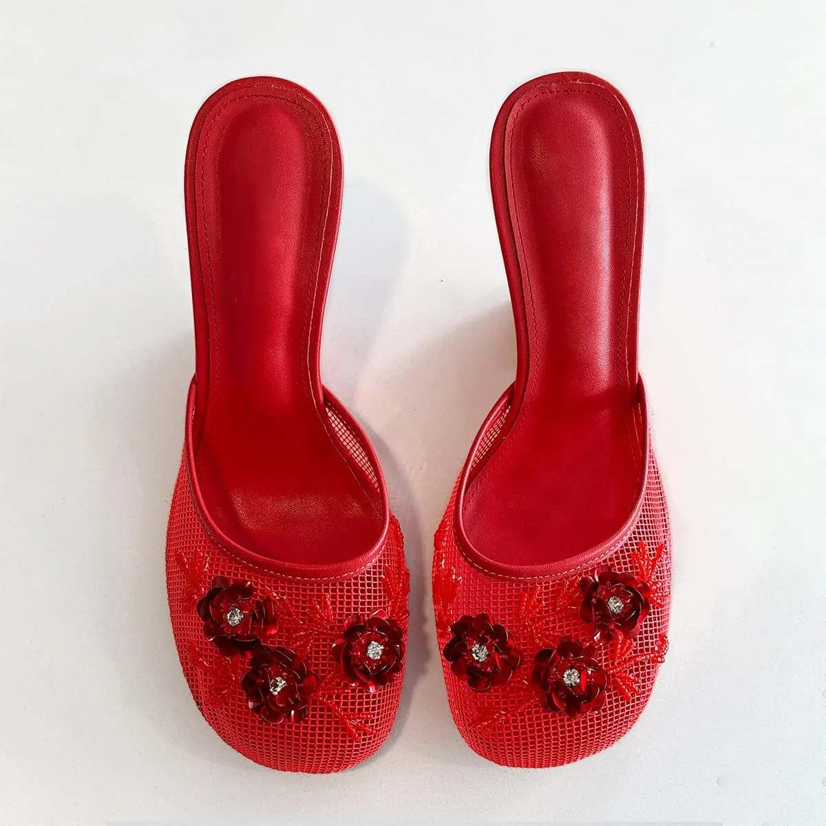 Goolita Summer Flower Beaded Mesh Mule Heels For Women, Closed Round Toe Slingback Kitten Heels Backless Slip On Party Evening Shoes
