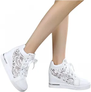 Hbeylia Platform Hidden Heels Sneakers for Women Lace Crochet Lace Up Chunky Bottom High Heels High Top Canvas Shoes Loafers