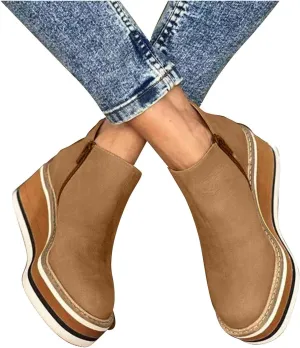 Hbeylia Platform Wedge Ankle Booties For Women Ladies Fashion Casual Leather Round Toe Chunky Bottom High Heels Ankle Boots High Top Fashion Sneakers Walking Shoes Winter Fall Dress Short Boots