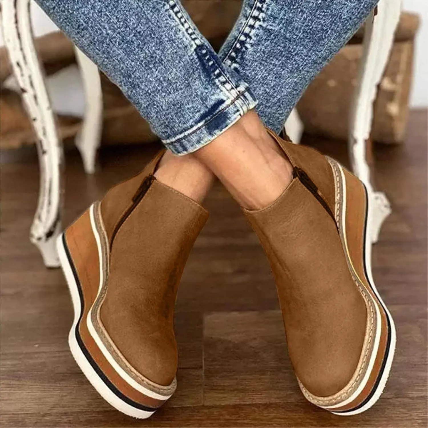 Hbeylia Platform Wedge Ankle Booties For Women Ladies Fashion Casual Leather Round Toe Chunky Bottom High Heels Ankle Boots High Top Fashion Sneakers Walking Shoes Winter Fall Dress Short Boots