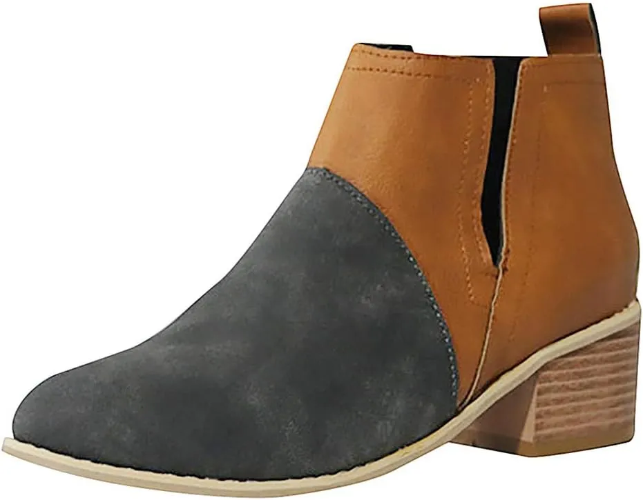 Hbeylia Women's Ankle Booties Fashion Casual Suede Pointed Toe V Cut Chunky Mid Heels Ankle Boots Western Cowboy Dress Short Boots For Women Ladies
