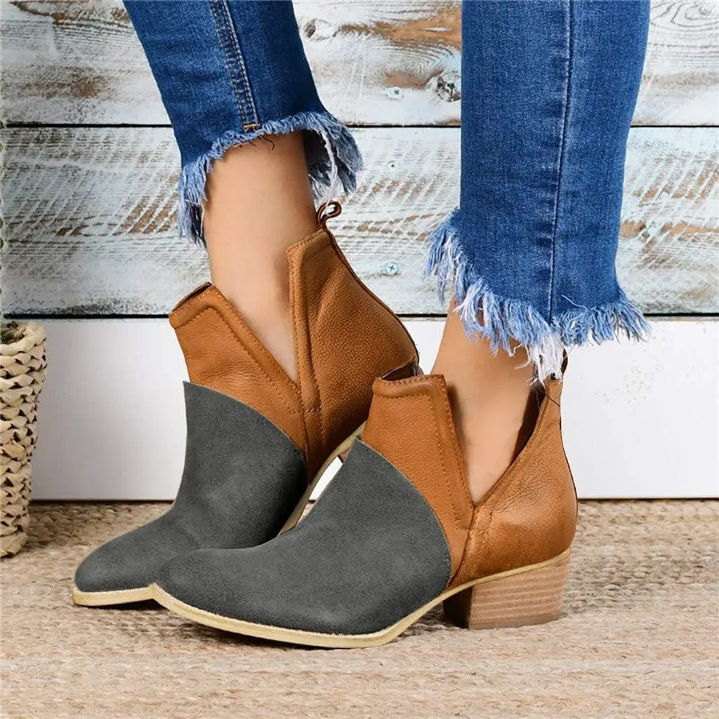 Hbeylia Women's Ankle Booties Fashion Casual Suede Pointed Toe V Cut Chunky Mid Heels Ankle Boots Western Cowboy Dress Short Boots For Women Ladies