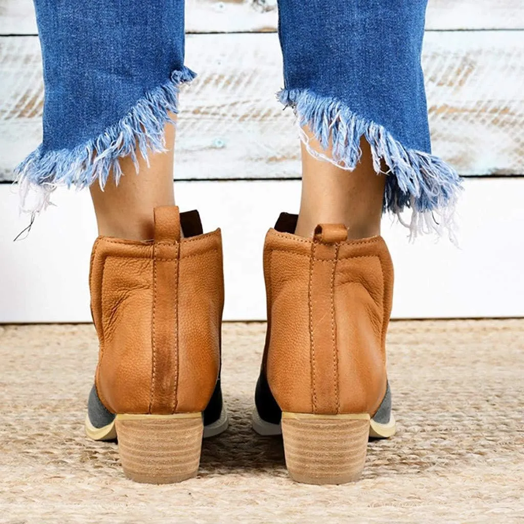 Hbeylia Women's Ankle Booties Fashion Casual Suede Pointed Toe V Cut Chunky Mid Heels Ankle Boots Western Cowboy Dress Short Boots For Women Ladies